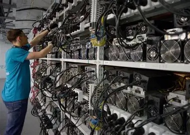 Large scale cryptocurrency mining farm with rows of mining rigs