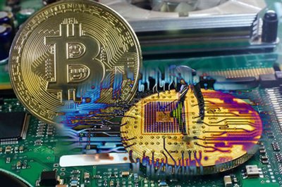 A close-up shot of the interior of a powerful mining rig, showcasing the GPUs and cooling system.